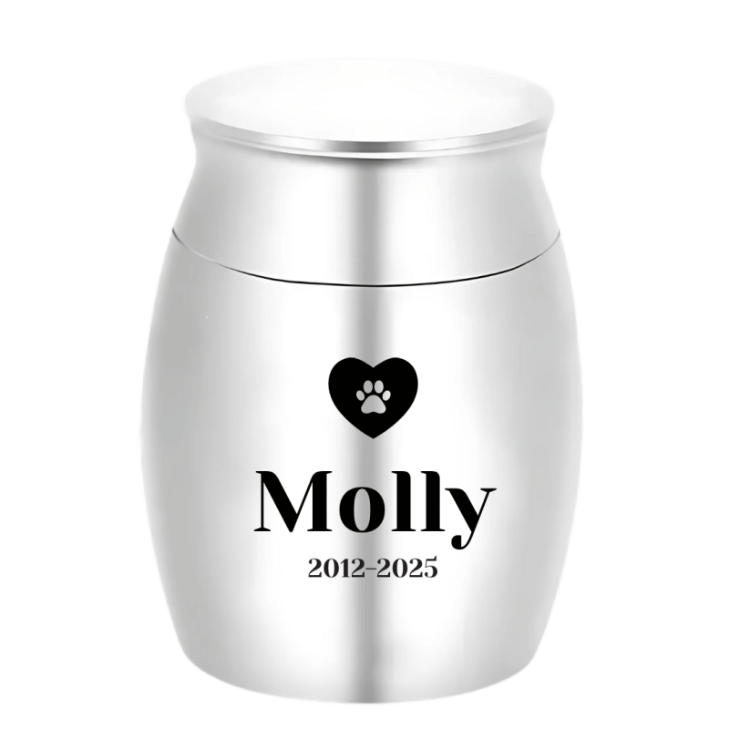 Urne pour chien personnalisée avec nom, dates & motif cœur-patte – Mini urne souvenir