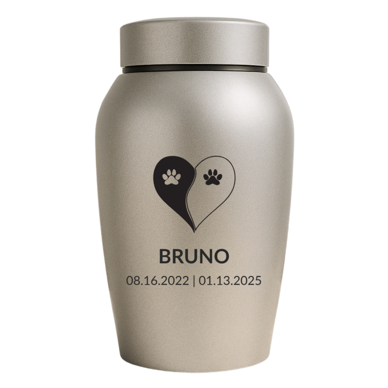 Urne pour chien en acier inoxydable personnalisée avec nom, dates & motif yin-yang patte