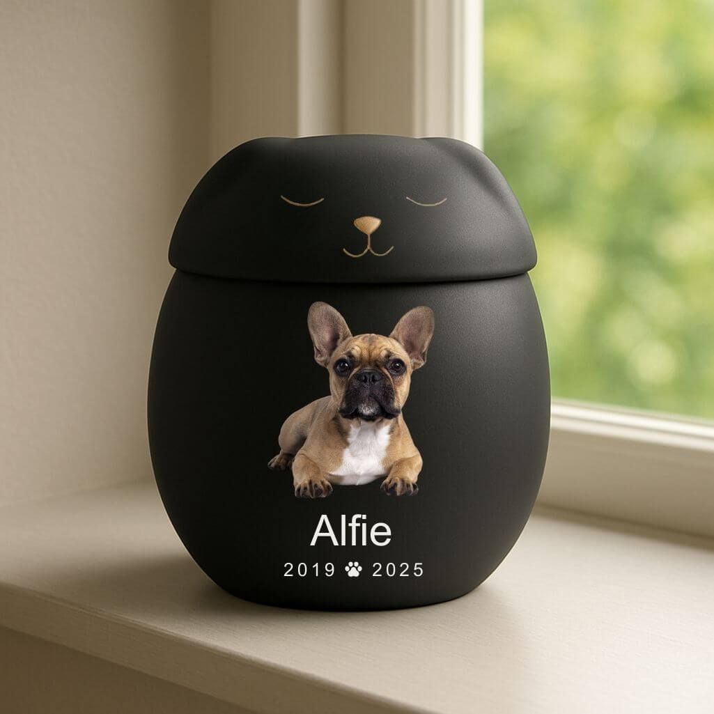 Personalisierte Keramik-Hundeurne mit Tierfigur-Deckel – Tierurne mit Foto, Name & Daten