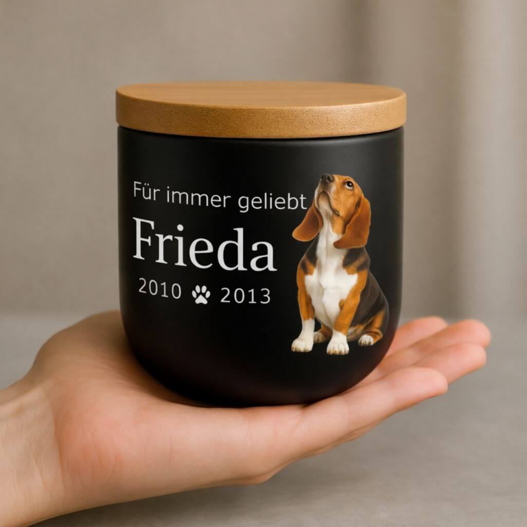Personalisierte Keramik-Hundeurne mit Foto – Tierurne mit Namen, Daten & Widmung