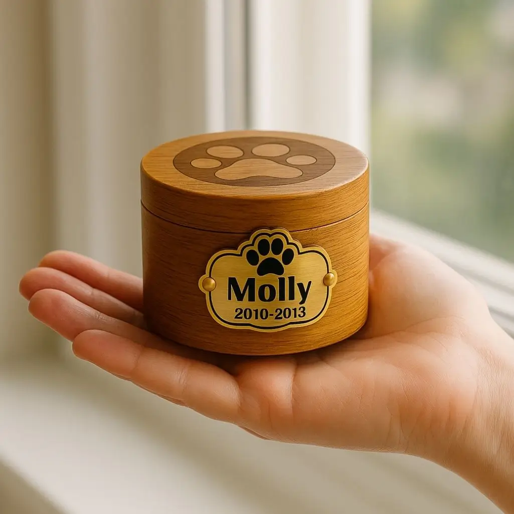 Kleine Holzurne für Haustiere mit eingraviertem Pfotenabdruck und goldener Namensplakette mit der Aufschrift „Molly 2010–2013“, behutsam in einer Hand gehalten.