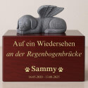 Personalisierte Boxurne mit Engelshund-Statue – Tierurne aus Holz mit Namen, Daten & Widmung