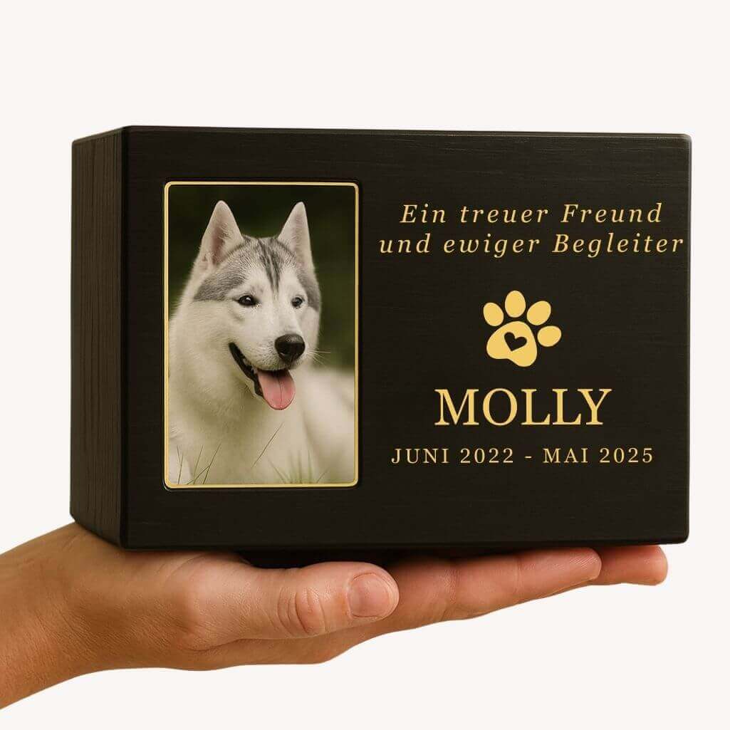 Personalisierte schwarze Holzbox-Hundeurne mit Foto – Gedenkbox mit Namen, Daten & Widmung