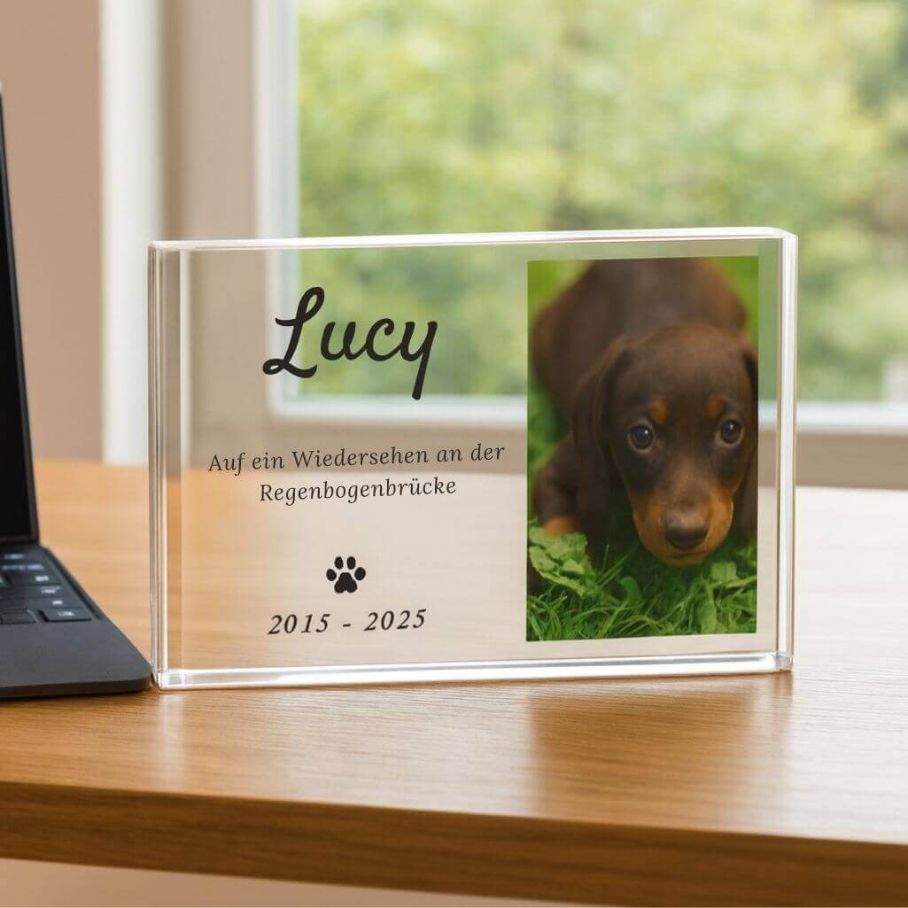 Personalisiertes Erinnerungsgeschenk – Acryl-Gedenktafel für Hunde im Querformat mit Foto, Namen & Daten