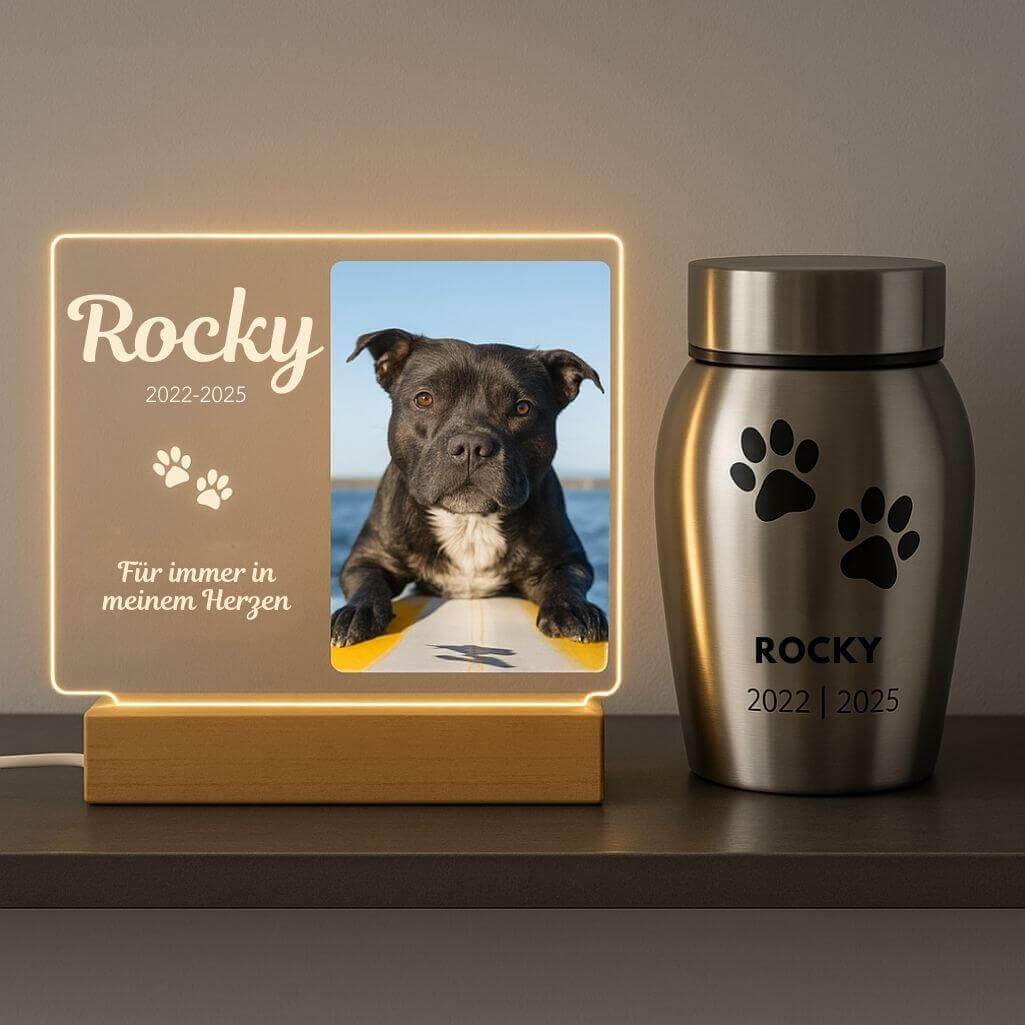 Personalisierte Gedenkleuchte mit Foto – Rechteckige LED-Gedenktafel für Hunde aus Acryl mit graviertem Namen & Daten