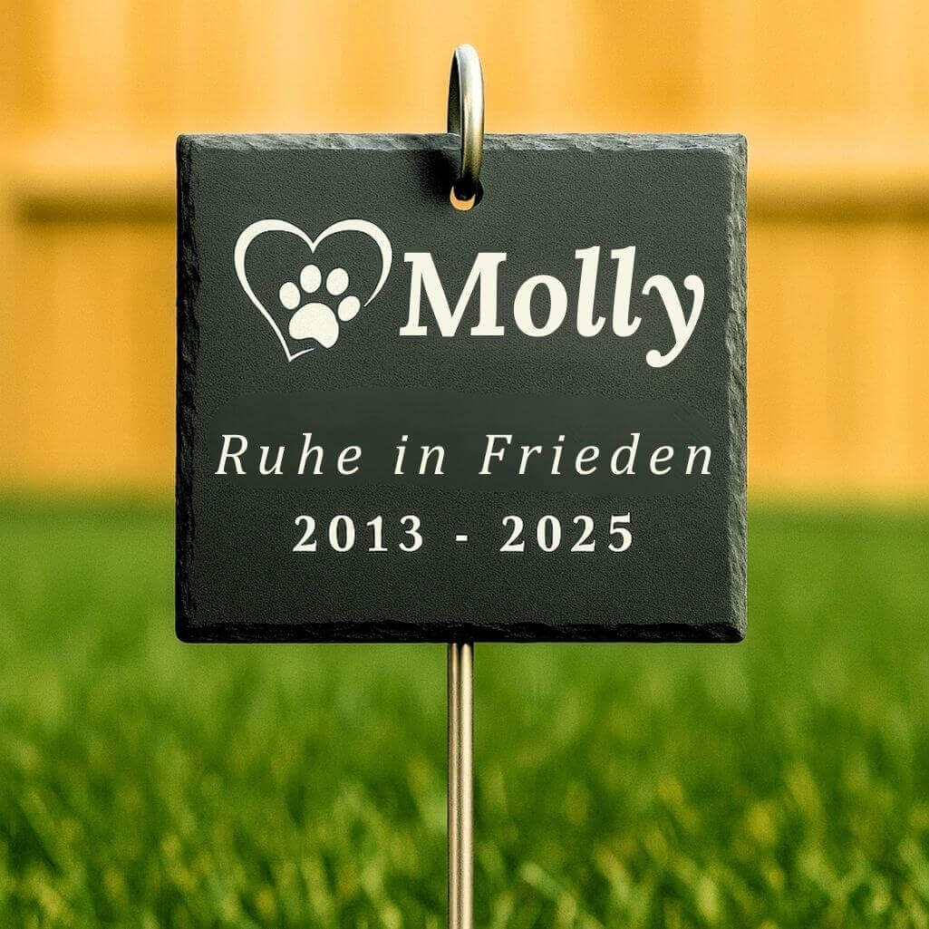 Personalisierter quadratischer Grabstein für Hunde mit Metallhaken – Schiefer-Gartenplakette mit graviertem Namen, Daten & Widmung