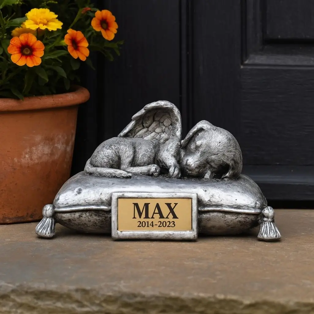 Silberne Hunde-Gedenkurne in Form eines schlafenden Engelshundes auf einem Kissen mit goldener Plakette mit der Aufschrift „Max 2014–2023“ neben einer Haustür.
